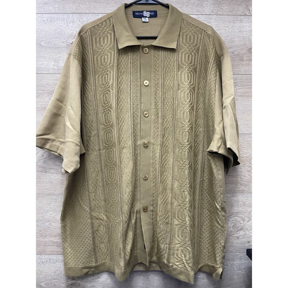 Michael 88 Irvin Men XXL Button Knit and Linen Short Sleeve Shirt Brown Dressy